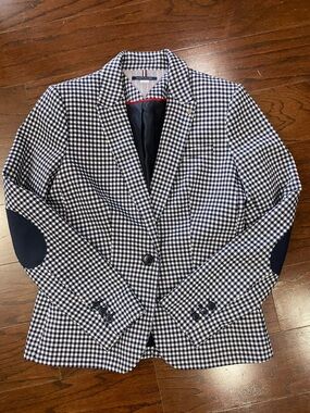 Tommy Hilfiger Gingham Blazer White Blue Elbow Patch Preppy Size 6 Cotton Preppy